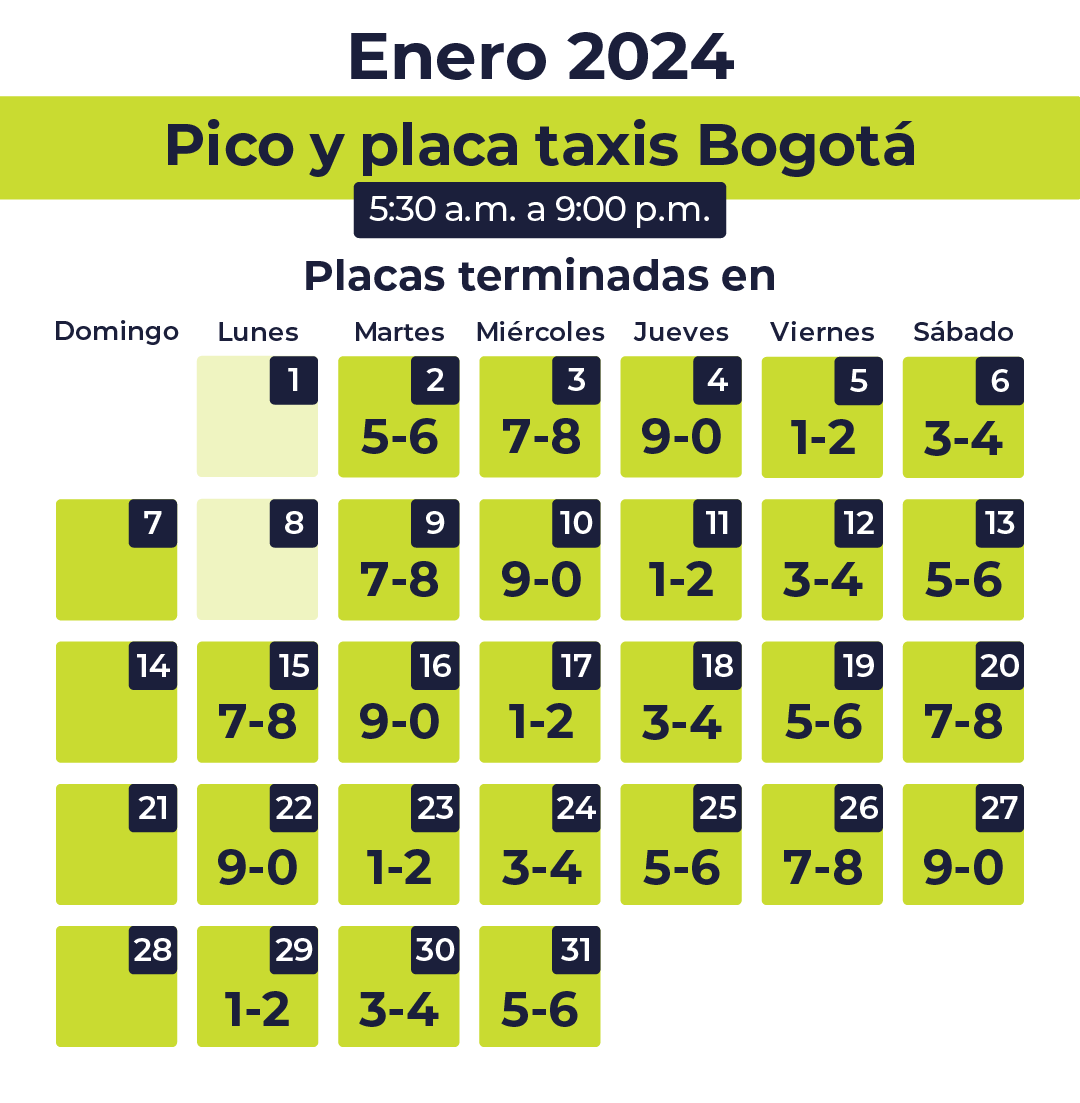 Tabla pico y placa taxis Bogotá