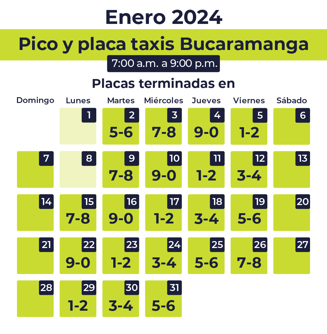 Tabla pico y placa taxis Bucaramanga