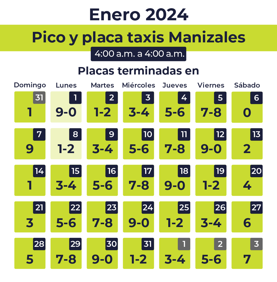 Tabla pico y placa taxis Manizales
