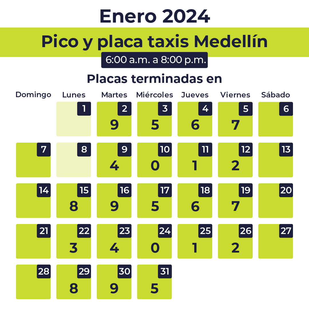 Tabla pico y placa taxis Medellín