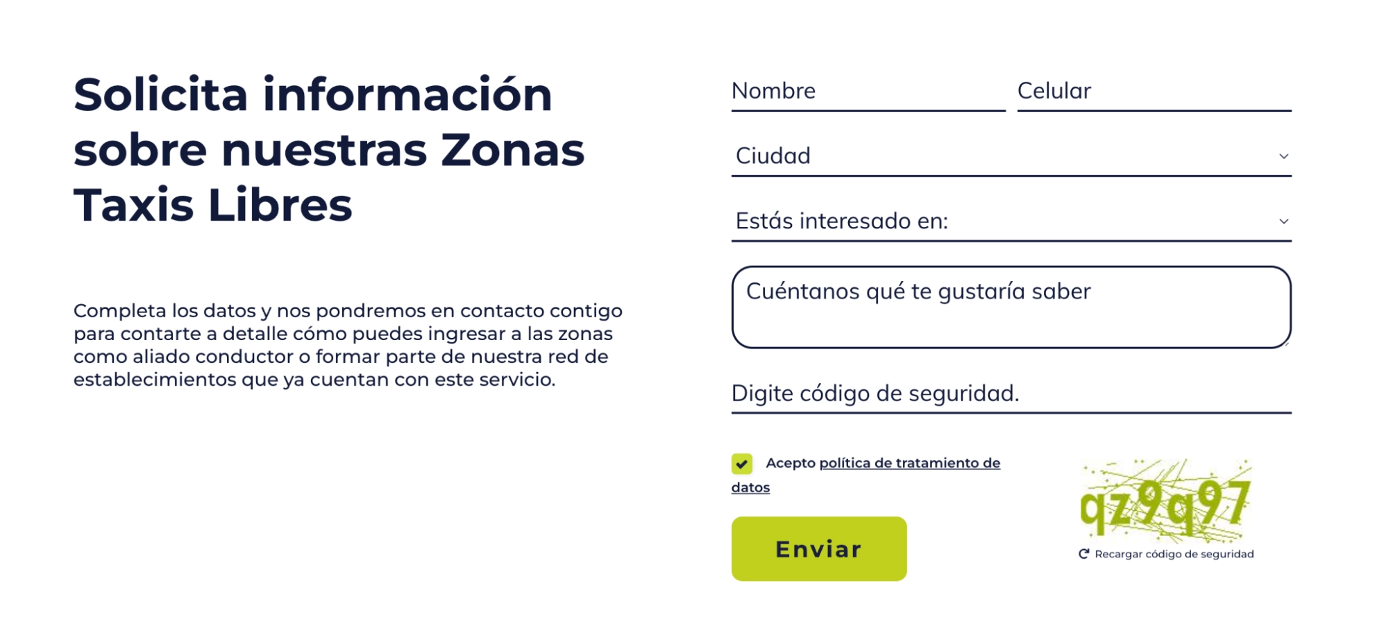 Captura de pantalla de formulario para solicitar información de Zonas Taxis Libres.