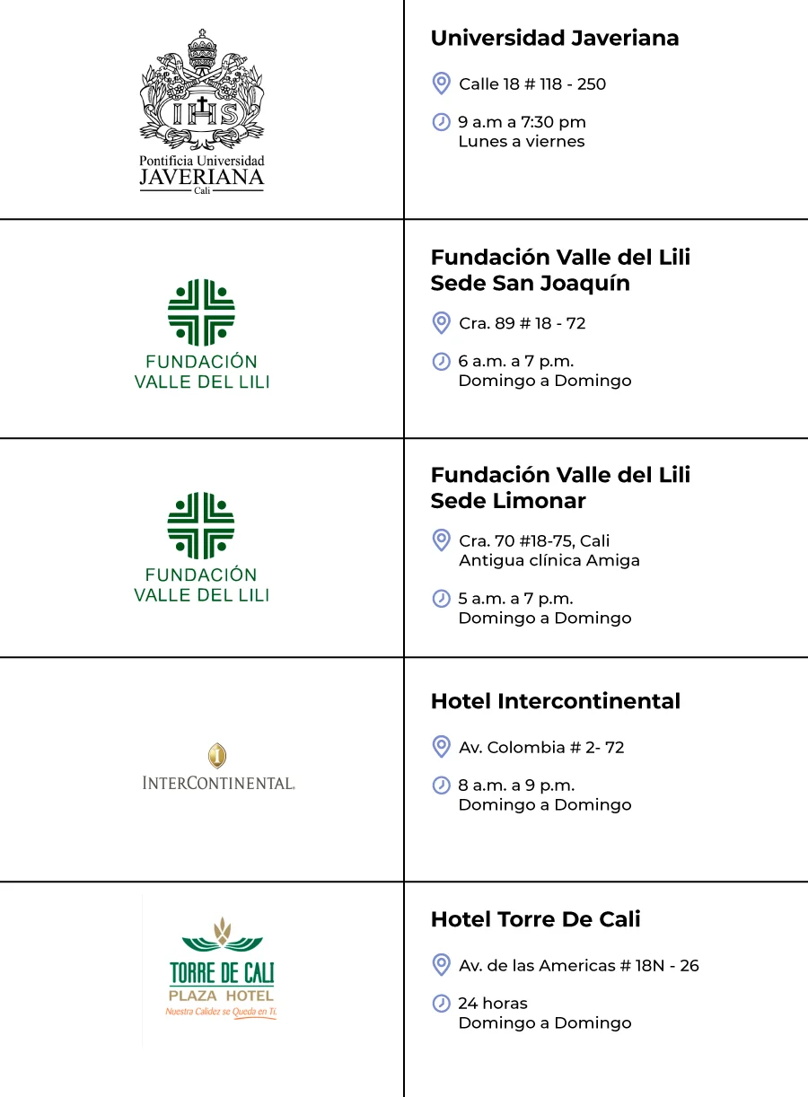 Tabla de Zonas Taxis Libres en Cali con logo, dirección y horario.