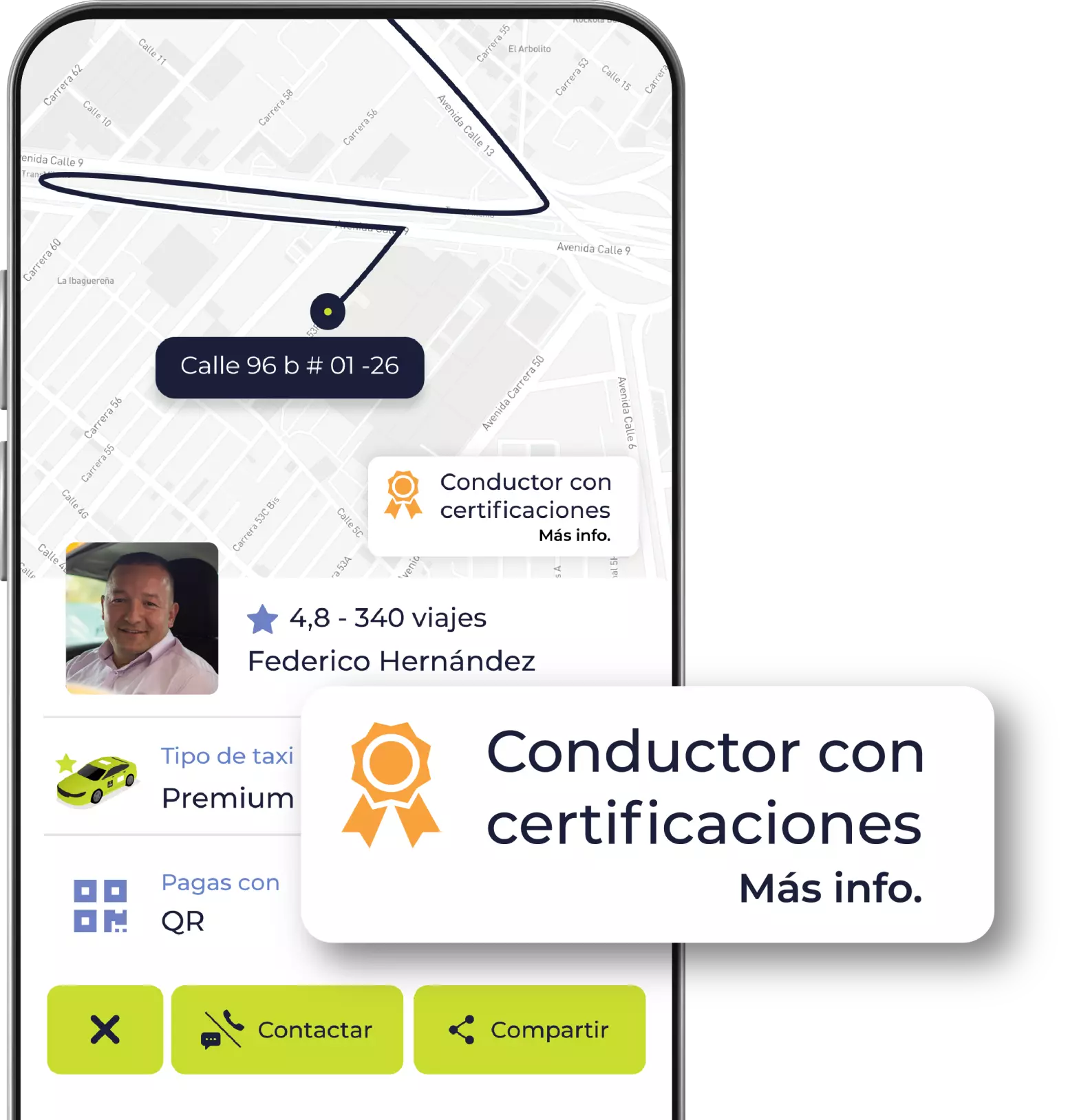 Aplicación Taxis Libres Viajero mostrando detalles de cursos de aliado conductor