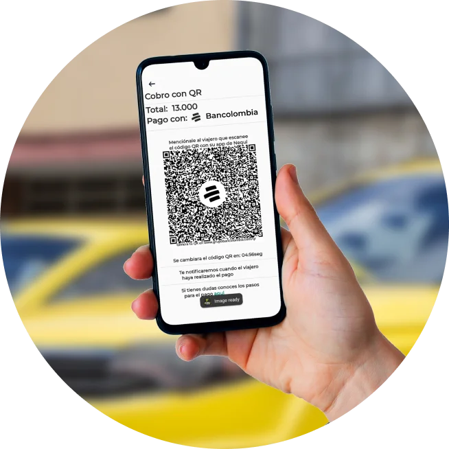 Celular mostrando Cobro en código QR de Bancolombia desde Taxis Libres App