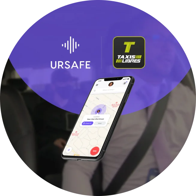 Logos de Taxis Libres y URSAFE junto a un dispositivo mostrando Taxis Libres App